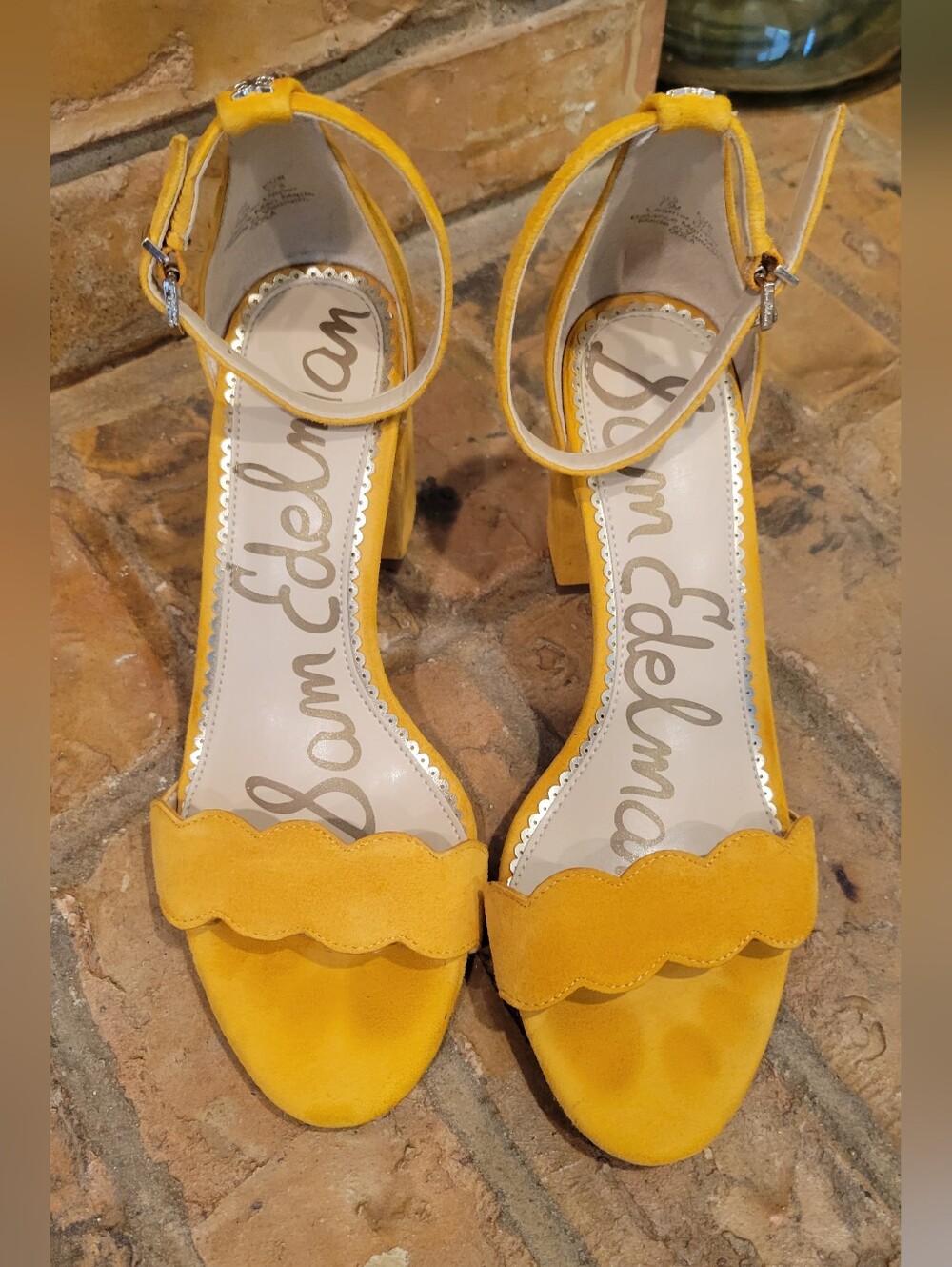 Sam Edelman Yellow Suede Scalloped Ankle-Strap Block Heels
